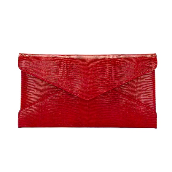 Brand New: Yves Saint Laurent Red Paloma Lizard Embossed Leather Clutch - Picture 1 of 11